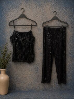 LOFT Black Sequin Fringe Cami & Pants Set - Women's Evening Jumpsuit Alternative